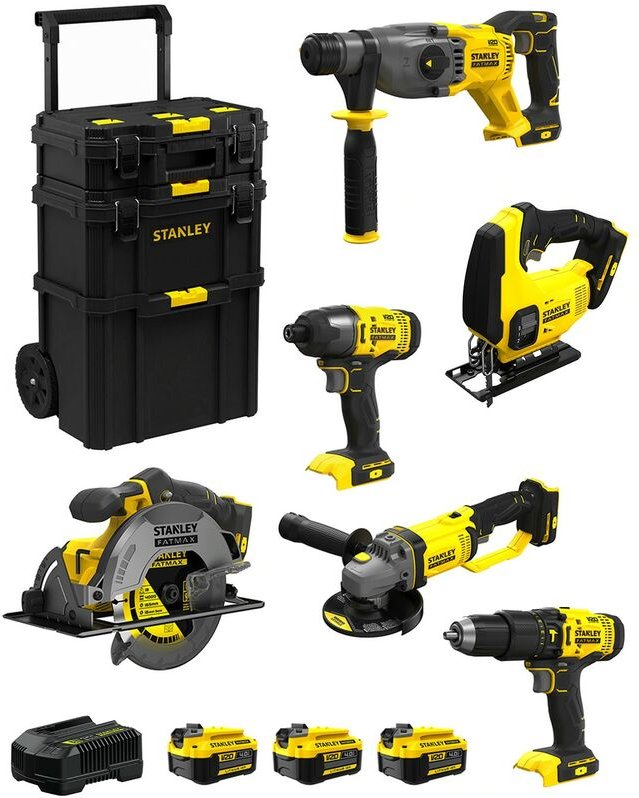 Stanley - FatMax Kit SVK601 (SFMCH900 + SFMCG400 + SFMCD711 + SFMCF800 + SFMCS500 + SFMCS600 + 3 x 4,0Ah + Ladegerät + C...