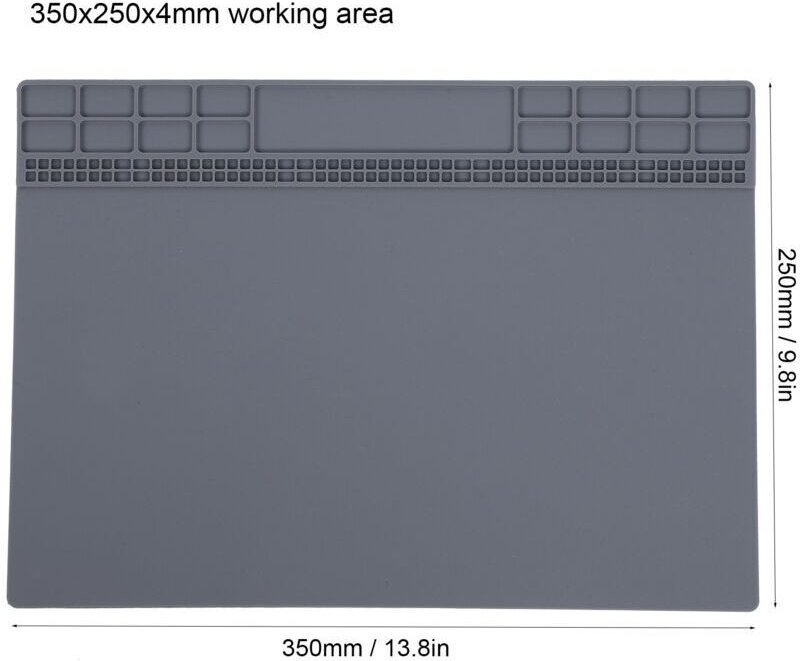 Hitzebeständige Silikon-Reparaturmatte für Computer, Handys, Lötstationen und Werkzeuge, 350 x 250 x 4 mm, grau