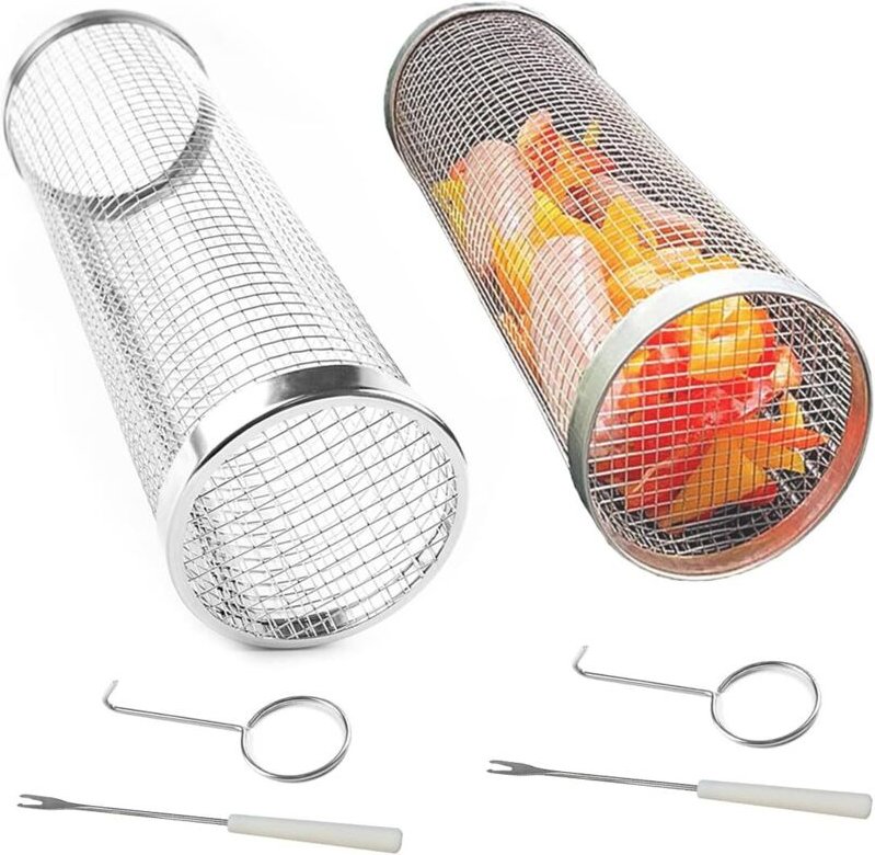 Zylindrische Grillkörbe, 2er-Pack, rollbare Grillkörbe mit Gabeln, zylindrische Grillkörbe, Grillzubehör aus Edelstahl, ...