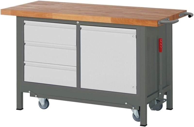 STIER Werkbank Premium mit abs. Fahrgestell, 3 Schubladen und 1 Flügeltür BxTxH 1500x700x880 mm