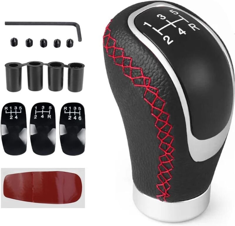 Universal-Schaltknauf für 5- und 6-Gang-Schaltgetriebe, Schaltknauf aus PU-Leder mit 4 Adaptern (8 mm, 10 mm, 11 mm, 12 ...