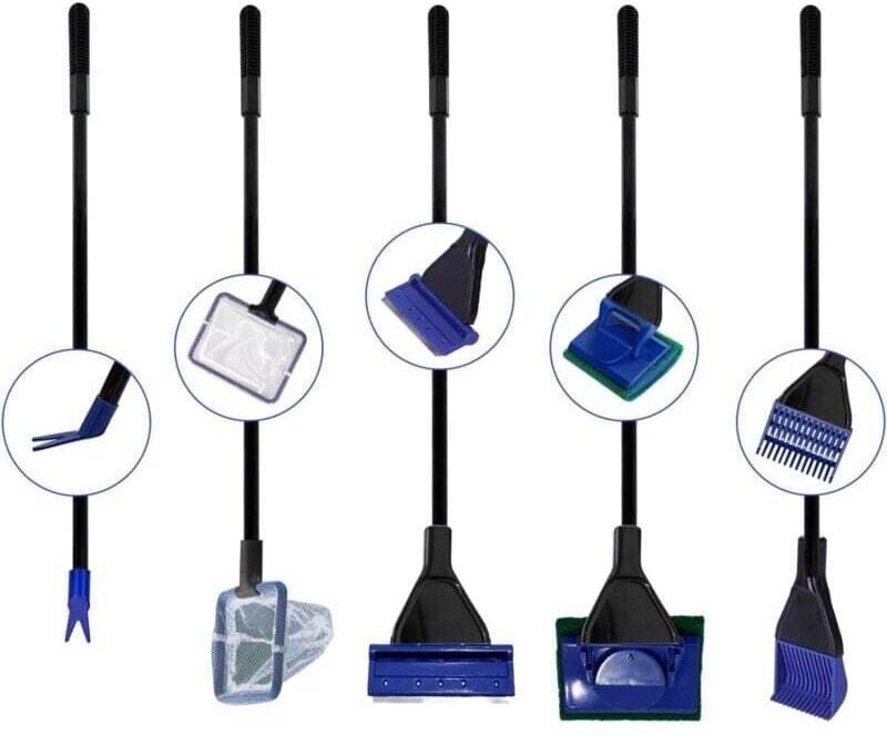 Vtizikl Kit de nettoyage d'aquarium 5 en 1, accessoires de nettoyage pour épuisette, grattoir à algues (acier inoxydable...