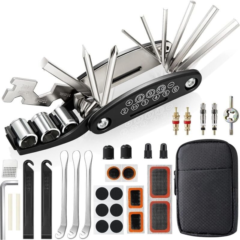 Fahrradreparaturset, Fahrradwerkzeugsatz, 16-in-1-Multifunktionswerkzeug, Fahrrad-Pannenset mit 3 Fahrradreifenhebern, F...