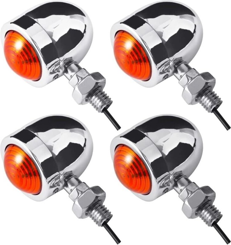 Silberne Moto Mini-Blinker vorne/hinten, Blinkerbirnen, bernsteinfarben/gelb, passend für Motorrad Chopper Bobber Cafe R...