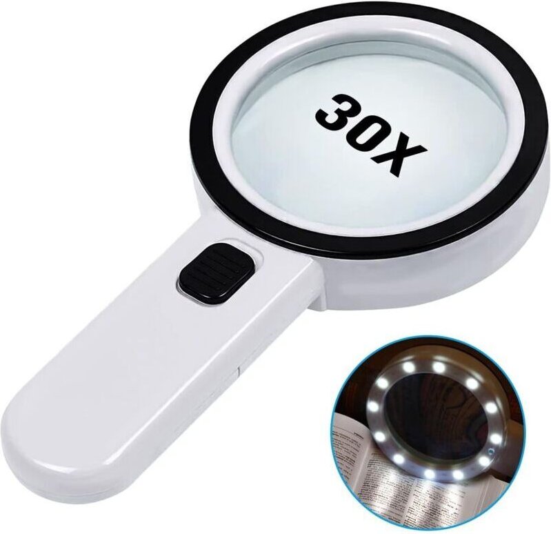 Leselupe, 30-fache Vergrößerung mit 12 LEDs – Beleuchtete Leselupe für Senioren – zum Lesen, Betrachten von Münzen, Brie...