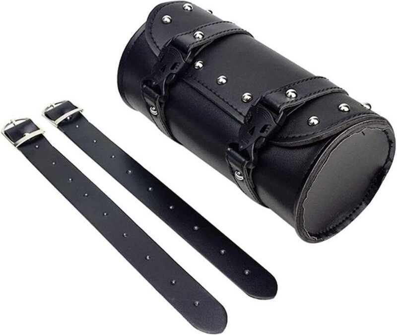 Vtizikl Sac à Outils de Moto en Cuir PU, Sac à Outils de Fourche Arrière, Sacoche Outils Moto Ronde,avec 2 Sangles de Mo...