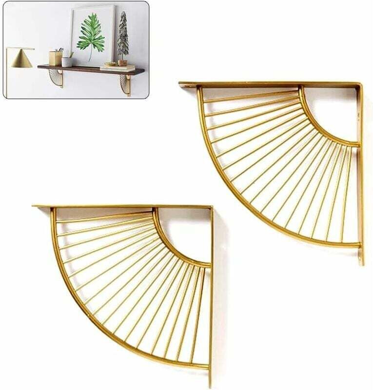 ZVD - Floating Metal Golden Fan Shaped Triangle Shelf Bracket,Set of 2 Hanging Shelving Wall Corner Bracket for Restaura...