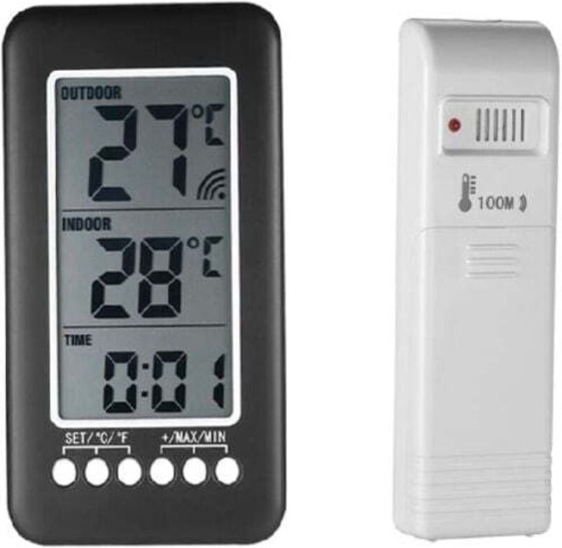 2-in-1-Digitalthermometer für drinnen und draußen, LCD-Uhr, °C/°F-Anzeige, Temperaturmessung mit Sender