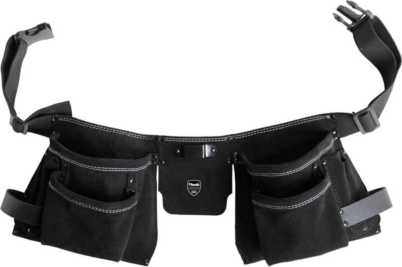 Zweiteiliger Werkzeug-Gürtel Leder mit 7 Fächern,Nagel-Tasche,Messertasche,HammerhalterundMetallclipfürBandmaß - KWB