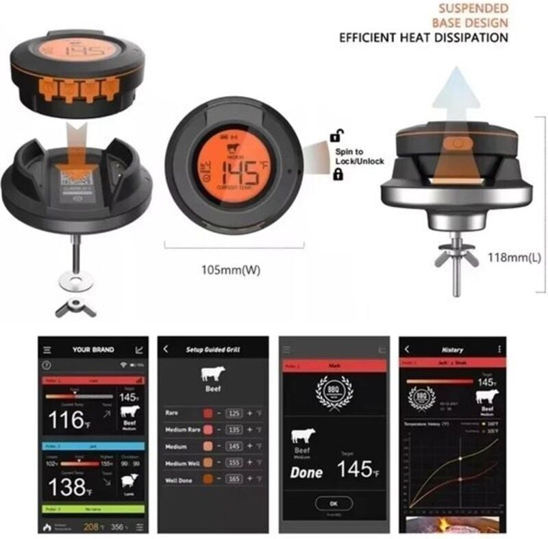 FIBILA Bluetooth-Funkthermometer – Digitales Fleischthermometer – Grillzubehör – Kochthermometer – Kompatibel mit 2/4 So...