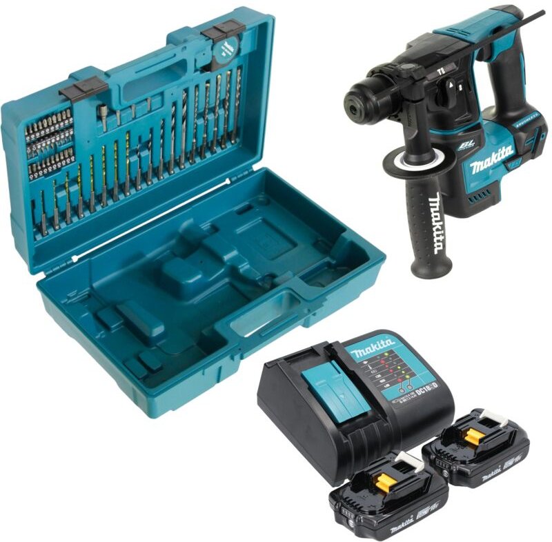 Makita DHR 171 SAX3 Akku Bohrhammer 18 V 1,2 J SDS-Plus Brushless + 2x Akku 2,0 Ah + Ladegerät + 65 tlg. Zubehör Set + K...