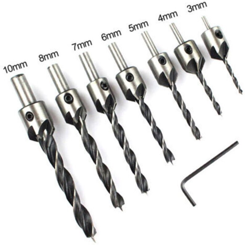 Packung mit 7 HSS 5 Senkbohrern zum Anfasen von Holz von 3 bis 10 mm, verstellbarer Anfasöffnungsbohrer