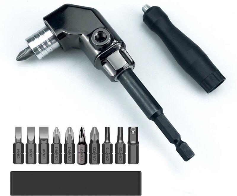 1 silberner Universalschraubendreher mit 10 Bohraufsätzen, Winkelschraubendreher, elektrische Bohrmaschine, 90-Grad-Wink...