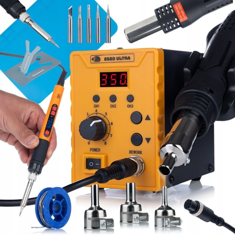 Rosfix Set 858D Ultra – Lötstation 700 W + Lötkolben 80 W + Silikonmatte 30×20 cm 100–500 °C, 3 Speicher Hot-Air & Kunst...