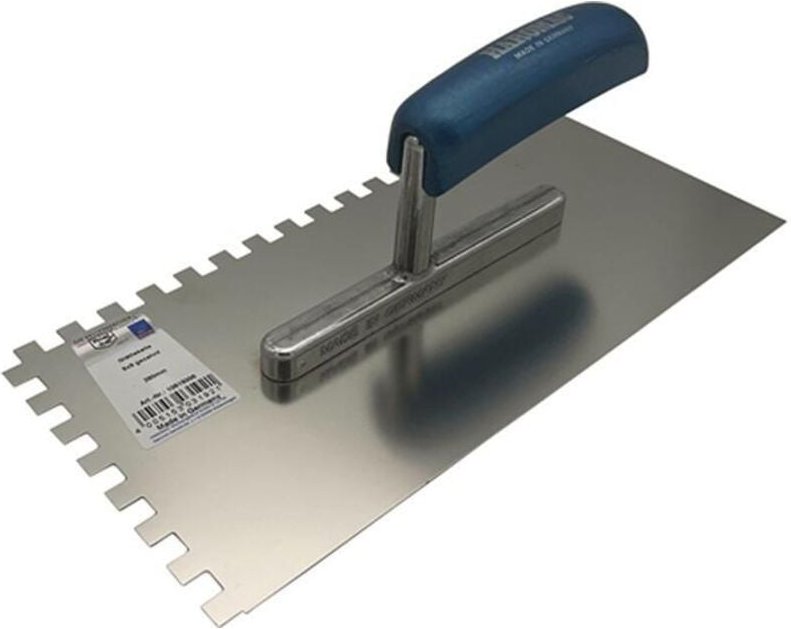 Glättekelle Länge 280 mm Breite 130 mm Buchenholzgriff Zahnung 10x10 mm rostfreier Edelstahl