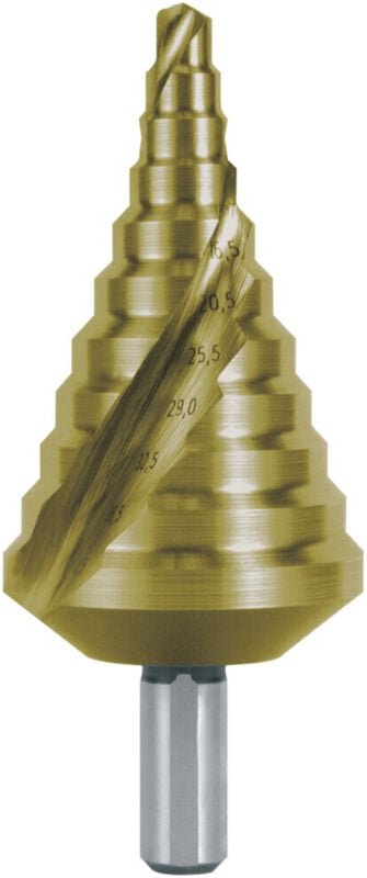 Stufenbohrer HSS-TiN spiralgenutet mit Kreuzanschliff für metrische Kabelverschraubungen Gr. 17 ø 6,5 - 40,5 mm - 101090...