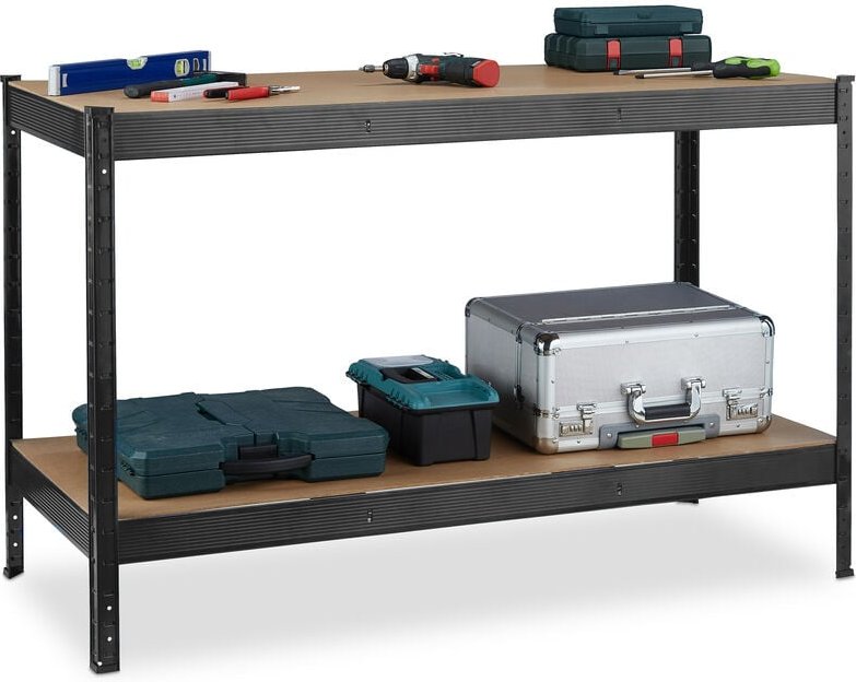 Relaxdays Werkbank, 600 kg, Werktisch, HBT 91 x 141 x 61 cm, 2 verstellbare Ebenen, Werkstatt Regal Stahl & MDF, schwarz