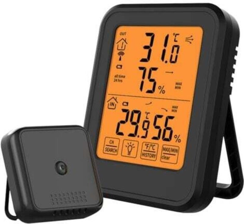 Digitales Thermometer Hygrometer, Zimmer - Schwarz, Innen- und Außen-Thermometer Hygrometer, mit drahtlosem Außensensor,...