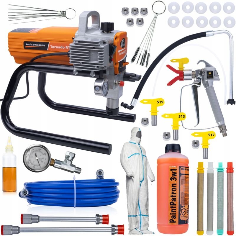 Rosfix Set Tornado RT1 UltraSpray – Farbspritzgerät 1800 W, 22 MPa, 2,2 l/min Mit Pistole, Düsen, Filtern, Schlauch & Zu...