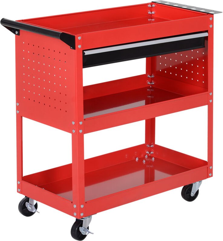 Werkzeugkoffer Werkzeugtrolley Werkzeugbox, 3 Ebenen, 4 Rollen, 82 cm x 35 cm x 76 cm, Rot