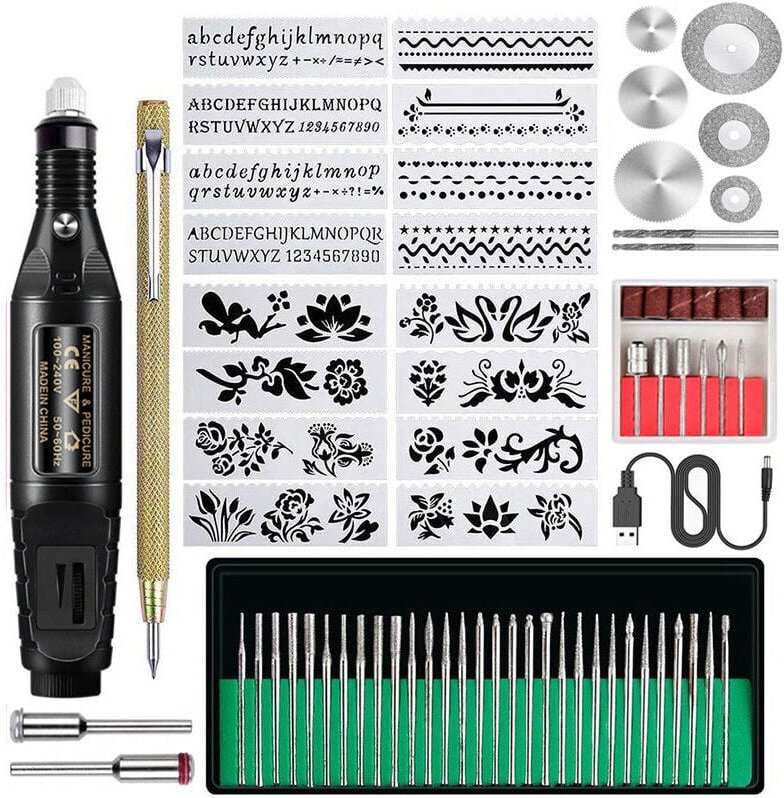 FOREHILL 70-teiliges Set elektrischer Gravierstifte mit Geschwindigkeitsregelung, 70 Stück, Schwarz, Europäischer Standa...