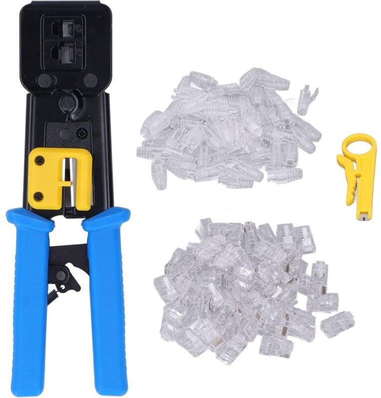 RJ45/RJ11-Crimpwerkzeug-Set für Durchgangsstecker mit 50 Cat5/5e-Durchgangssteckern, 50 durchsichtigen Kabelbindern und ...