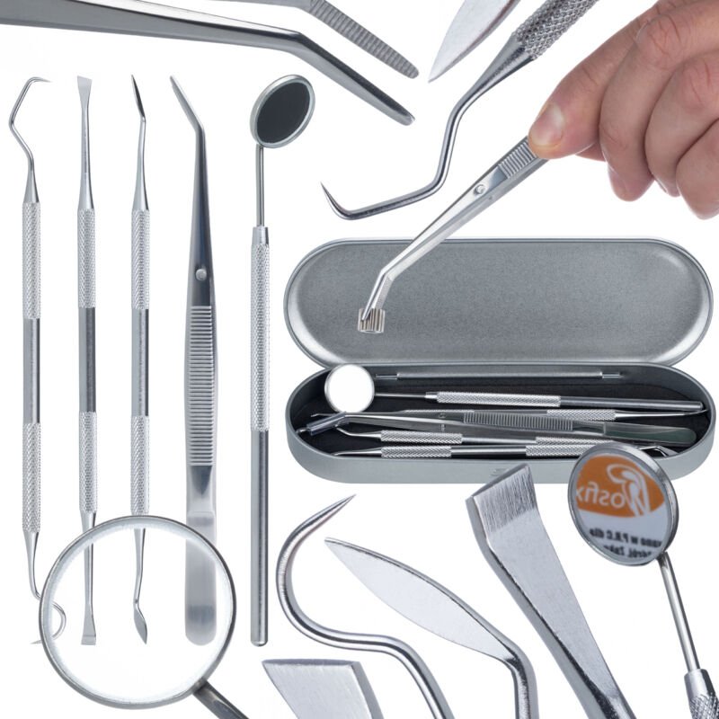 Set mit 5 Reinigungs- und Hebelwerkzeugen im Koffer (Sonde, Spiegel, Pinzette, Hacke, Zahnsteinentferner)