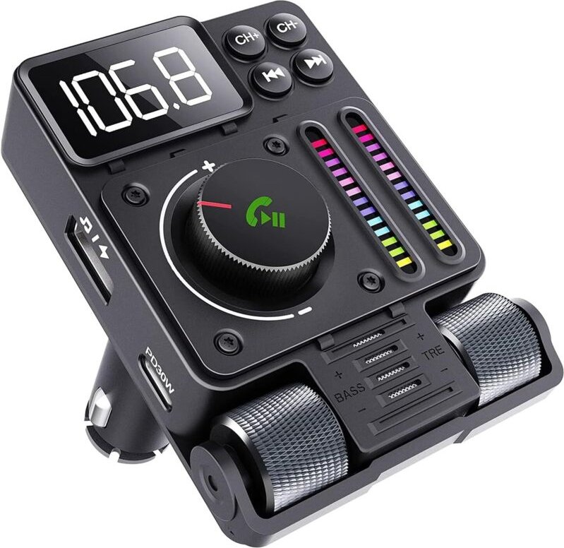 Bluetooth-Kfz-Adapter, FM-Transmitter, 30-W-PD-Unterstützung, Freisprechfunktion, 180° drehbar, Musiktuner mit Bass und ...
