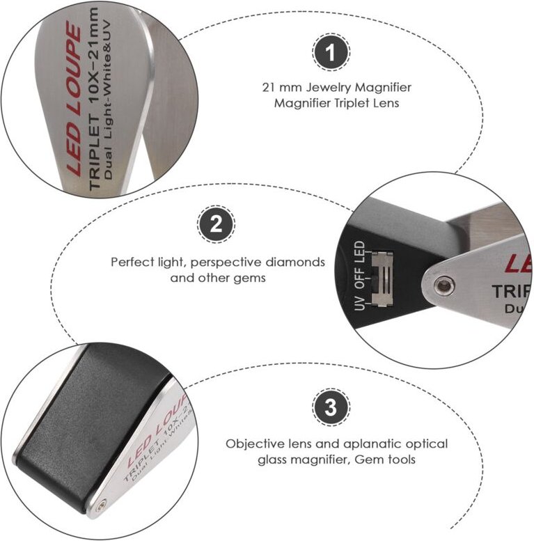10-Fache VergrößErung Juwelier Lupe Triplet Lens Magnifier mit 6 led UV-Licht 21Mm für Edelsteine, Schmuck, MüNzen, Brie...