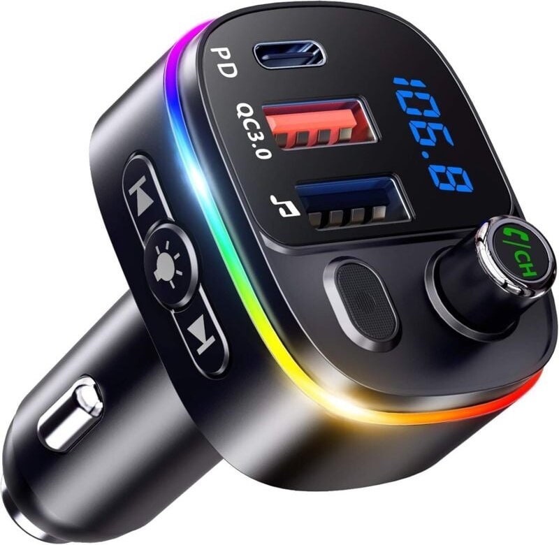 Bluetooth Auto, QC3.0 & PD18W USB C FM Transmitter Bluetooth 5.3 mit Freisprechfunktion, Bluetooth Autoadapter Autoradio...