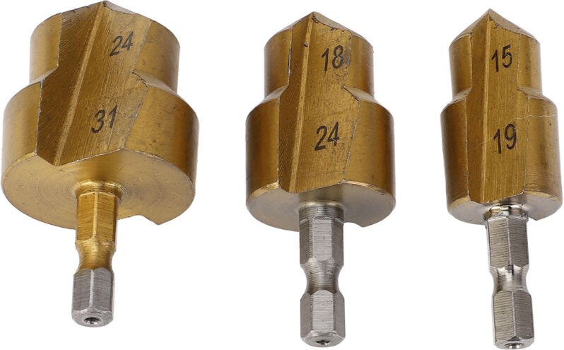 PPR Hebebohrer-Set zur Erweiterung von Wasserrohren, 3-teilig, Sechskantschaft 15–19 mm, 18–24 mm, 24–31 mm, Rohraufweit...