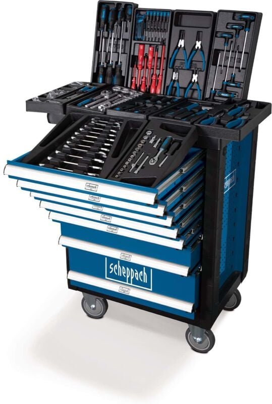 Scheppach - Werkstattwagen TW1000 Werkzeugwagen Werkstattschrank mit 4 Rollen inkl. 263-tlg. Zubehör abschließbar und mo...