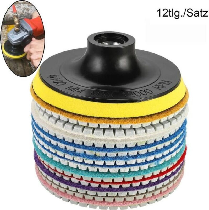 12× Diamant-Polierscheiben/Schleifpads für Nass & Trocken, 4-Zoll-Steinschleifer-Set für Granit & Marmor, Körnung 200–60...