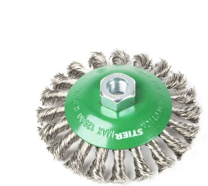 Kegelbürste, ø 115 mm, M14, 0,5 mm, gezopft, Edelstahl V2A, Wildkrautbürste, Unkrautbürste, Freischneider - Stier