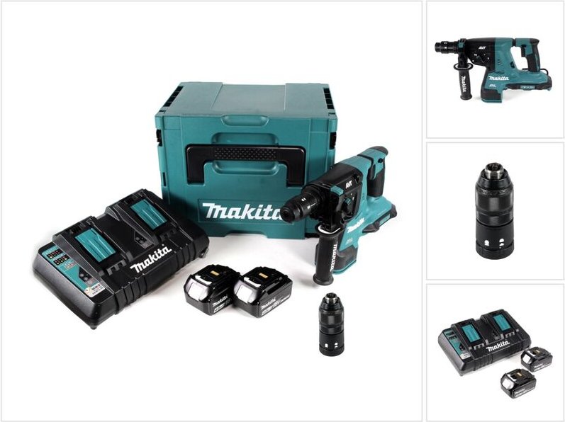 Makita DHR 281 PMJ Brushless Akku Bohrhammer 28 mm 2x 18 V für SDS-PLUS mit Schnellwechselfutter im Makpac + 2x 4,0 Ah A...