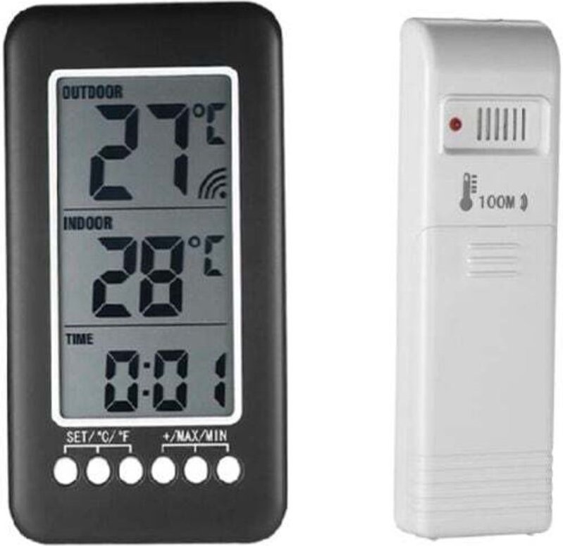 Kabelloses Innen-/Außenthermometer, 2-in-1-Uhr, LCD-Thermometer (°C/°F), digitales Innen-/Außenthermometer, Uhr, Tempera...