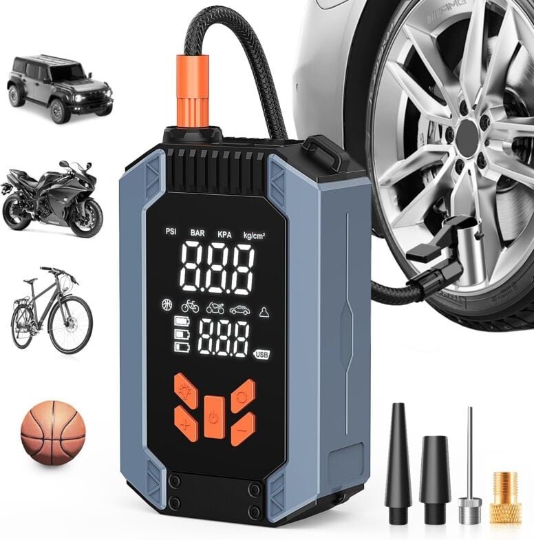 Tragbarer Luftkompressor, 4 Modi, 150 PSI, wiederaufladbarer Autoreifenfüller mit digitalem LCD-Display und USB-C-Anschl...