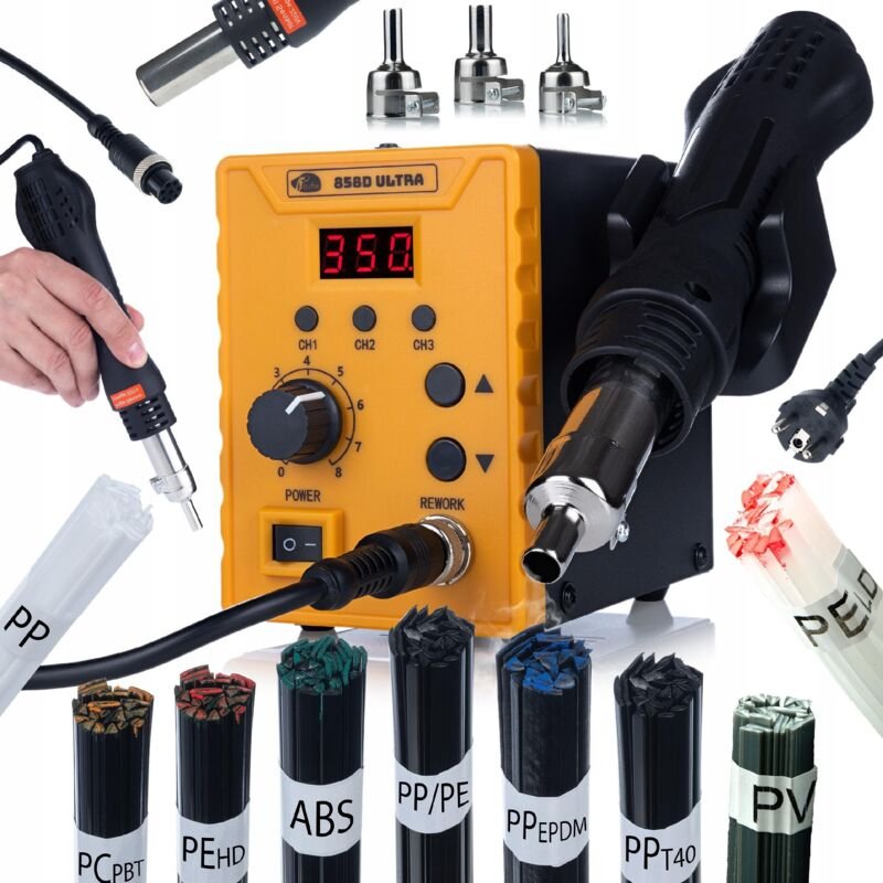 Rosfix Set 858D Ultra – Heißluft-Lötstation & Kunststoffschweißgerät 700 W 100–500 °C, 120 l/min 3 Speicher, 3 Düsen Für...