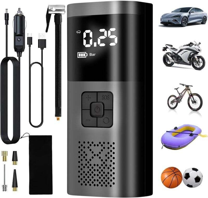 Autoreifenfüller, tragbarer 6000-mAh-Luftkompressor, kabelloser Reifenfüller 150 PSI mit digitalem LCD-Display, elektris...