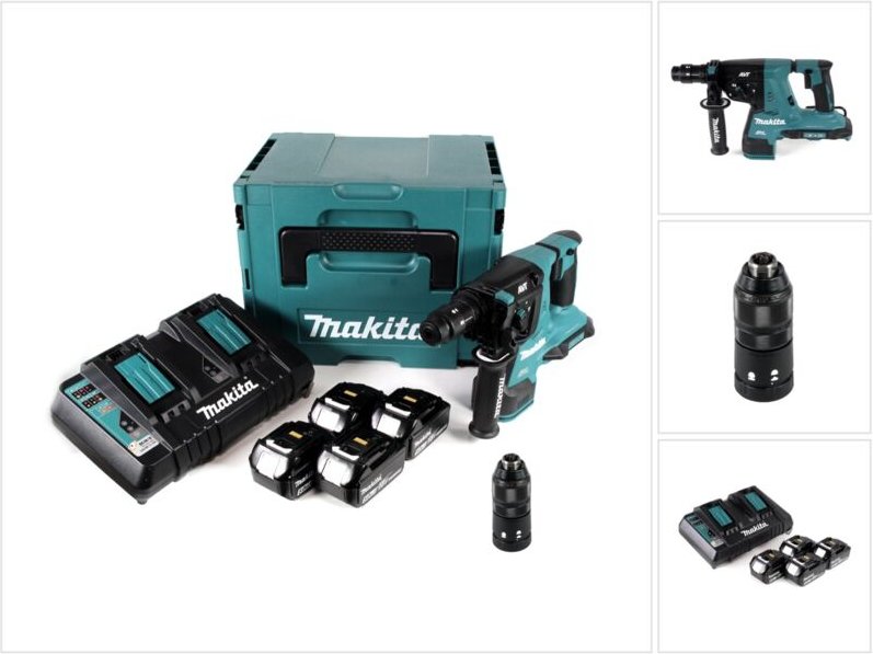 Makita DHR 281 PT4J Brushless Akku Bohrhammer 28 mm 2x 18 V für SDS-PLUS mit Schnellwechselfutter im Makpac + 4x 5,0 Ah ...