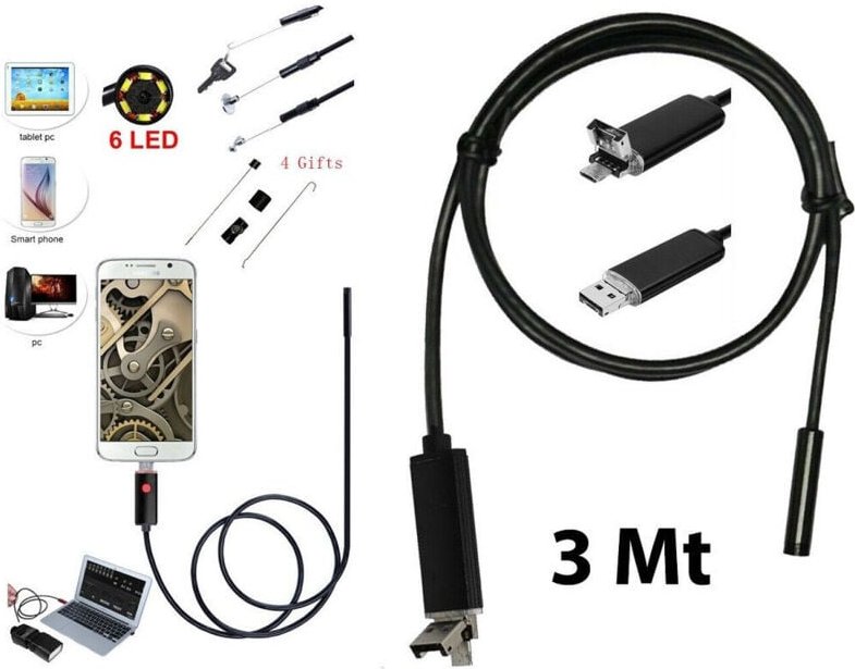 Trade Shop Traesio - Trade Shop - endoskopische kamera 6 led flexibler schlauch usb 3 mt wasserdichte inspektion -