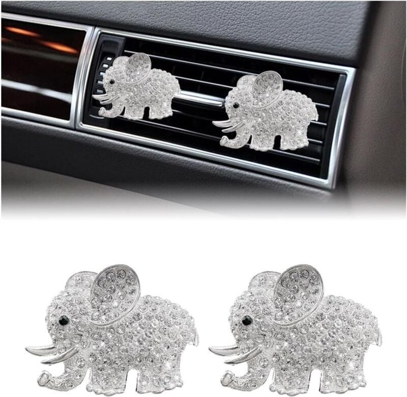 Set aus 2 glänzenden Auto-Lüftungsschlitzclips, hübschen elefantenförmigen Kristallclips, Parfümdiffusor-Schmuck, dekora...
