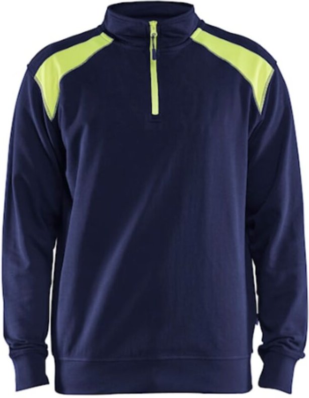 Arbeits-Sweatshirt mit Stehkragen in zweifarbig 3353 - Dunkelmarine/Neongelb S