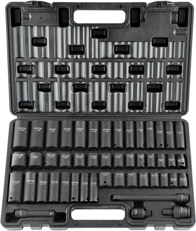 VEVOR Profi Steckschlüsselsatz CR-V-legierter Stahl 48-tlg Steckschlüssel Satz 8-22 mm Tiefe Stecknüsse Schlagschrauber,...
