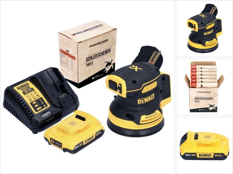 DeWalt DCW 210 D1 Akku Exzenterschleifer 18 V 125 mm Brushless + 1x Akku 2,0 Ah + Ladegerät + 1x Toolbrothers TURTLE Sch...