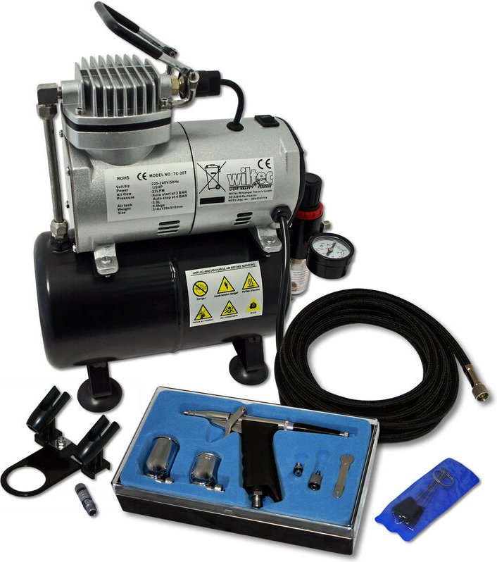 Wiltec Einsteiger Airbrush Kompressor Set AS186 mit 1 Airbrushpistole Typ 116 und umfangreichem Zubehör, 3 l Drucktank, ...