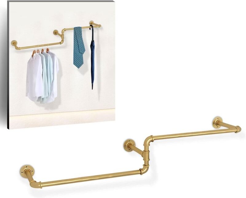 Industrielle Kleiderstange, 180 cm lang, Wandmontage, industrielles Wandrohr, goldfarben, zum Aufhängen von Kleidung für...
