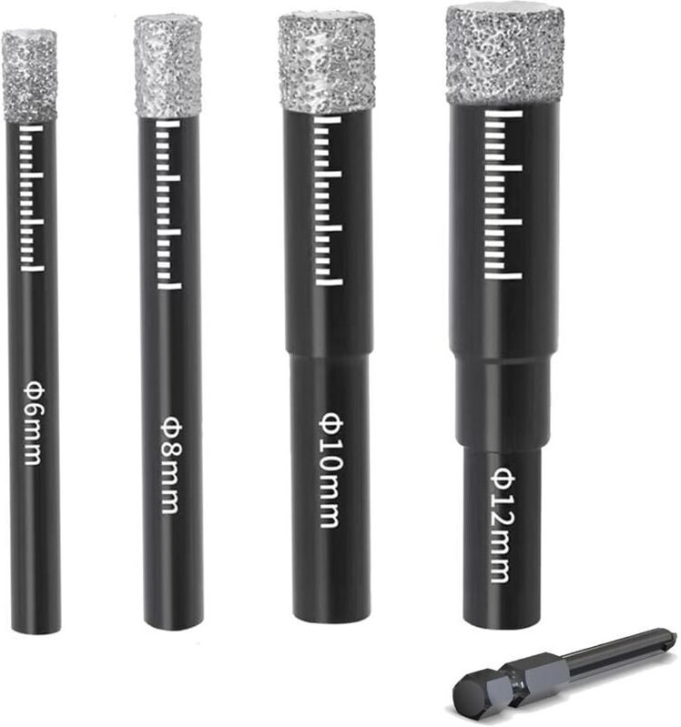 Set mit 4 Diamant-Fliesenbohrern 6/8/10/12 mm – Hartmetallbohrer für Keramik, Granit, Glas, Porzellan, Fliesen, Hartflie...