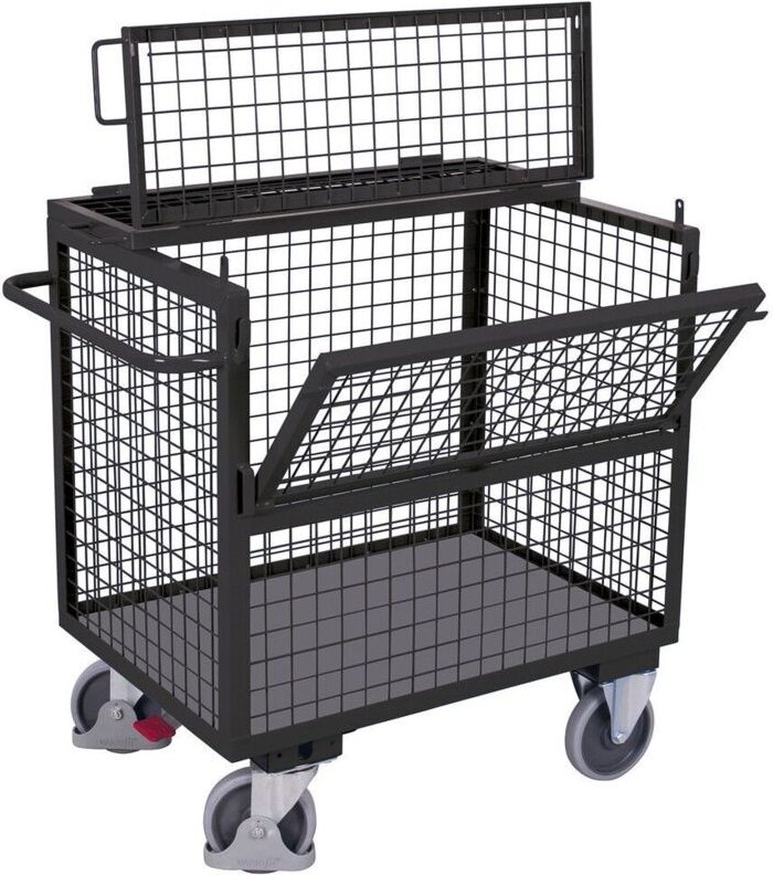 VARIOfit Holzkastenwagen fest verschweißt mit Deckel und halb abklappbarer Längswand 975x680mm Anthrazitgrau RAL 7016