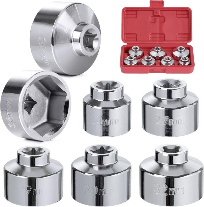 7-teiliger Ölfilterschlüsselsatz – 9,5-mm-Kappe – 24–38 mm – Kompatibel mit BMW, Mercedes, VW – Papierkassettenetui